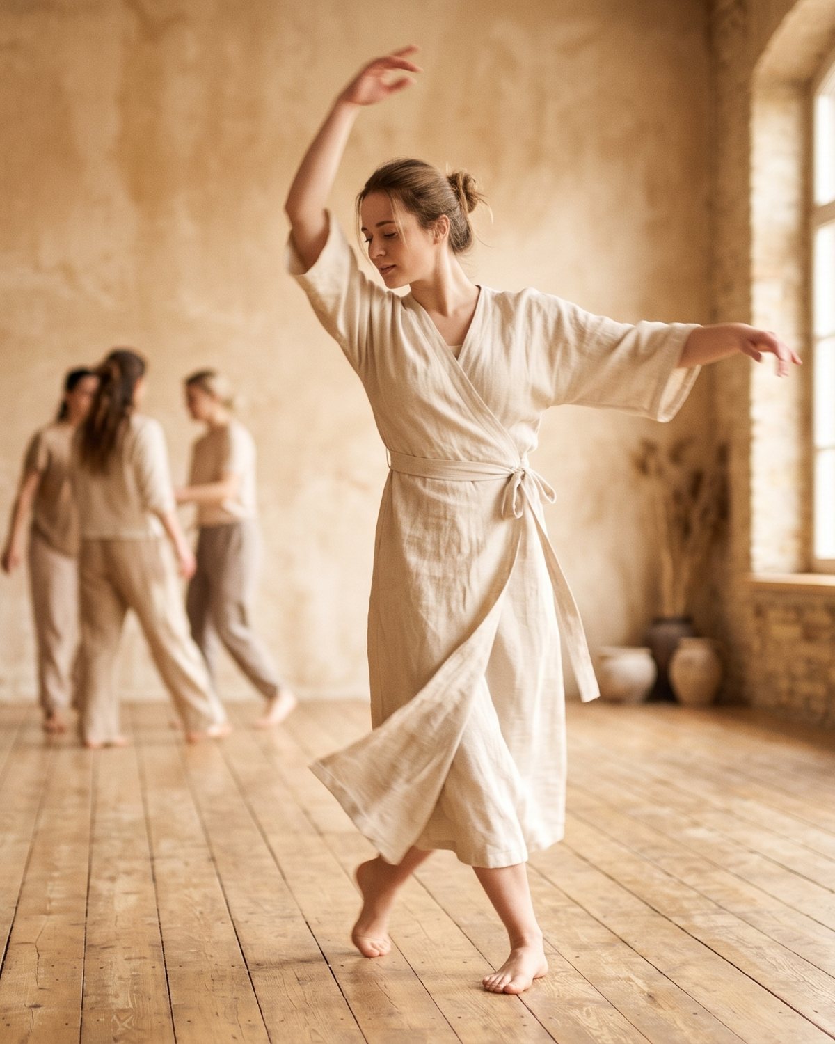 Een danseres in een linnen jurk beweegt vrij in een lichte studio met houten vloer