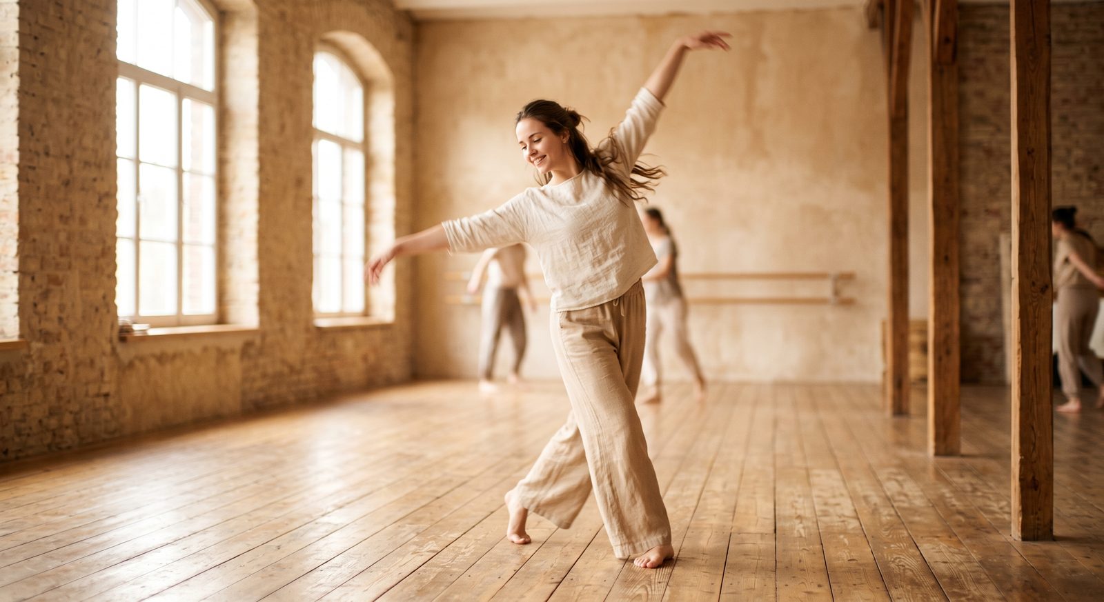 Een danseres beweegt vrij in een lichte studio