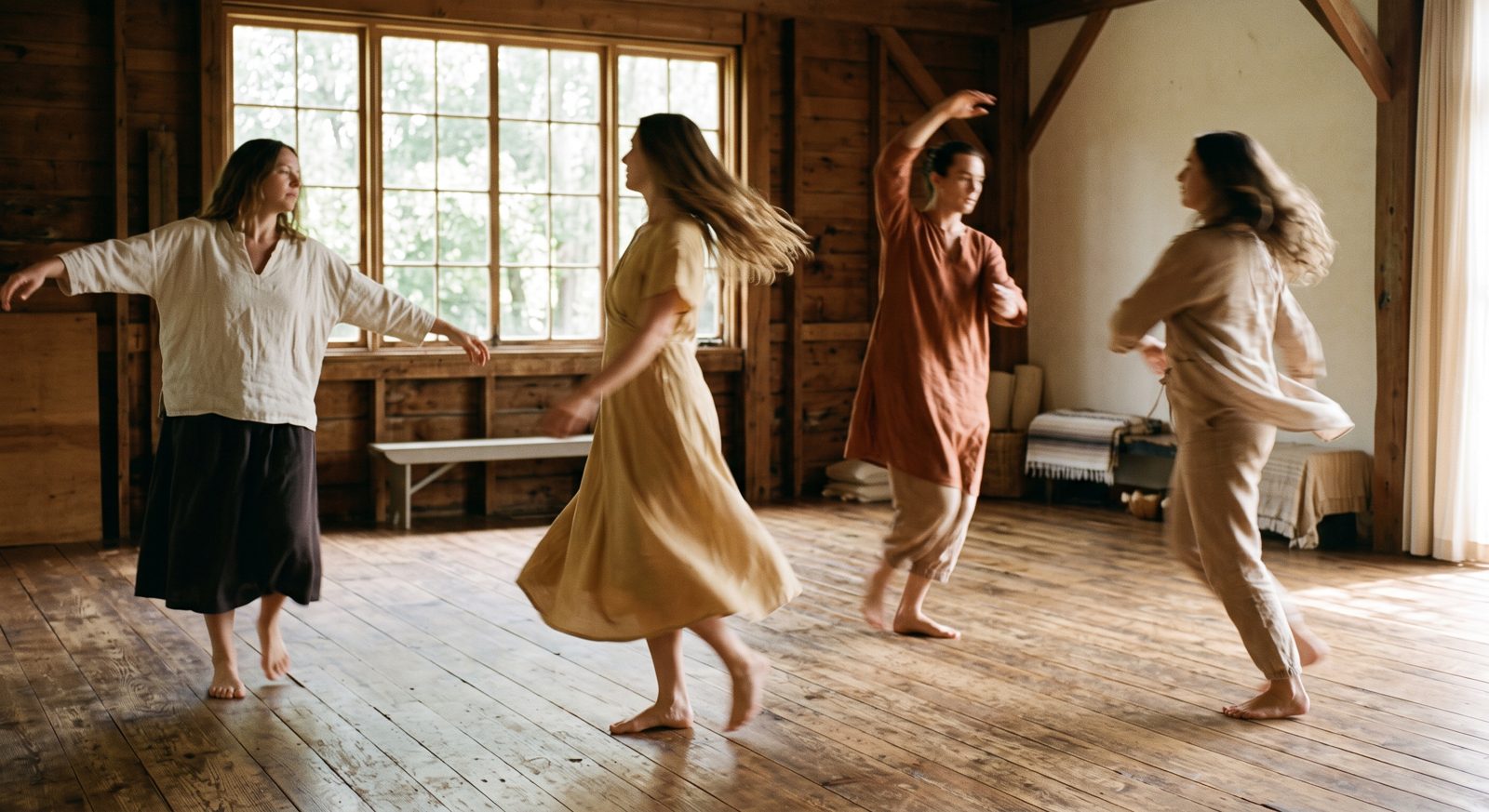 Deelnemers dansen vrij in een lichte houten zaal